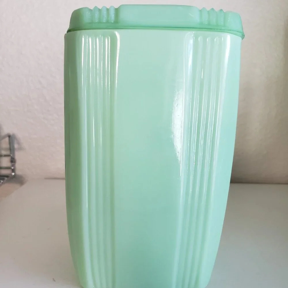 Vintage Fantasy Jadeite Green Canister With Lid 7” Cottage Core Grandma Core